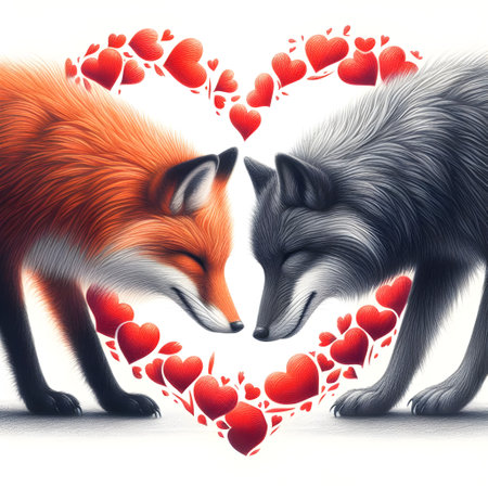 Two foxes in love with red hearts. Valentine's Day.の素材