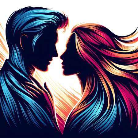 silhouette of a couple in love with colorful hair. Vector illustrationの素材