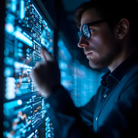 Portrait of a young caucasian man in a dark blue shirt and glasses working in a server roomの素材