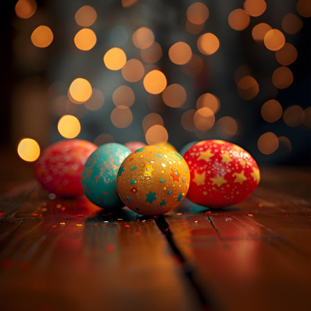 Colorful easter eggs on wooden table with bokeh backgroundの素材