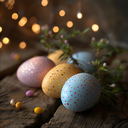 Easter eggs on rustic wooden background with bokeh lightsの素材
