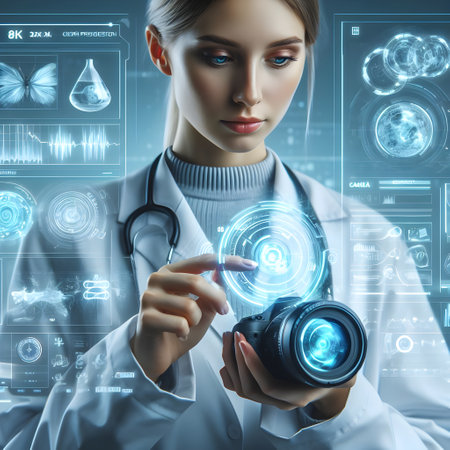Young female doctor with stethoscope in hands working with virtual interfaceの素材