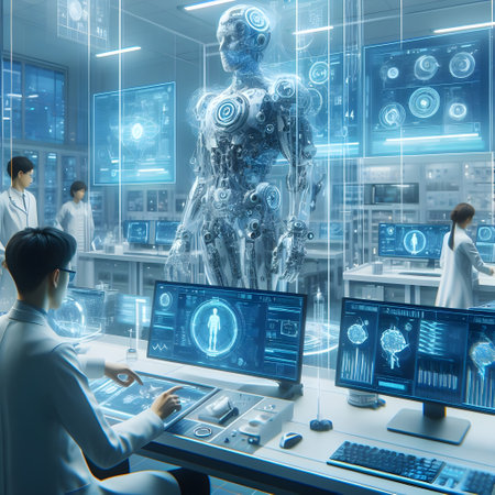 science, medicine, technology and people concept - close up of female doctor or nurse with computer over hospital ward background with hologram projectionの素材