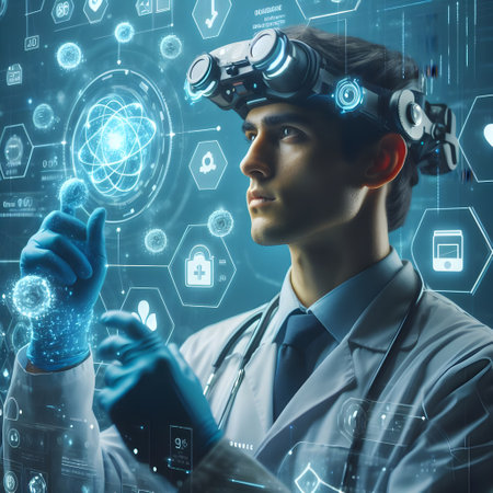 Portrait of young male doctor in white coat and stethoscope looking at hologram screen. Double exposureの素材