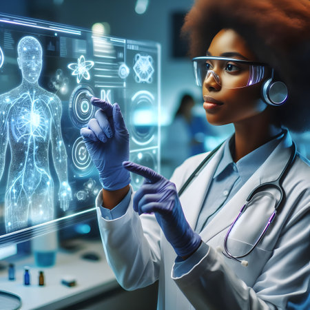 Portrait of african american female doctor working with futuristic interfaceの素材
