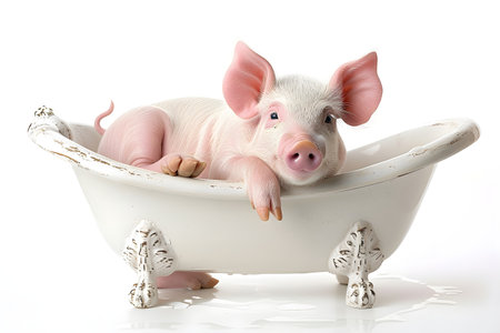 Cute pig in a bathtub isolated on a white background.の素材
