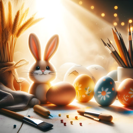 Easter bunny with easter eggs and paintbrushes on wooden backgroundの素材