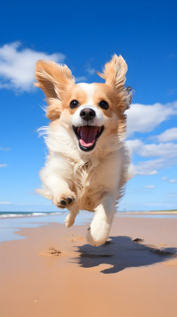 Cute dog running on the beach with blue sky in the backgroundの素材
