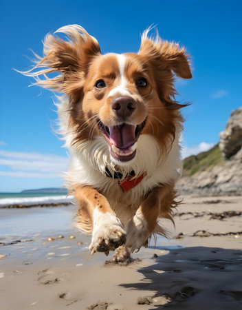 Australian Shepherd dog running on the beach in front of a blue skyの素材