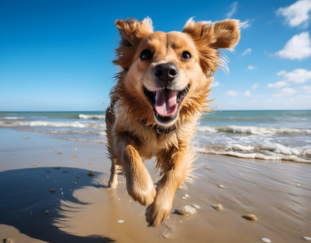 Golden Retriever dog running on the beach in a sunny dayの素材