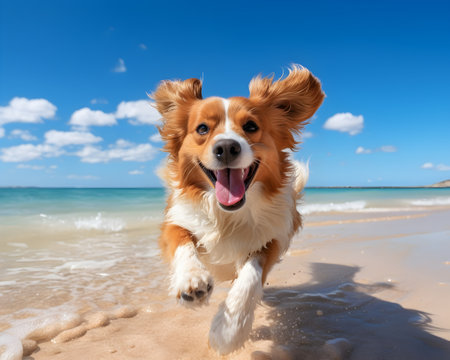 Cute Welsh Corgi dog running on the beach in summerの素材