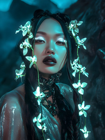 Fashion portrait of beautiful Asian woman with orchid flowers.の素材