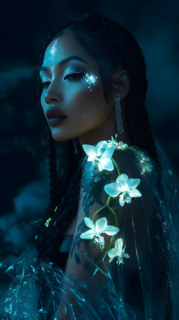 Beautiful asian woman with orchid flower in her hair.の素材