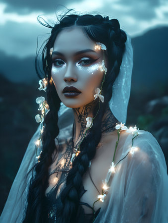Fantasy portrait of a beautiful woman with white flowers in her hairの素材