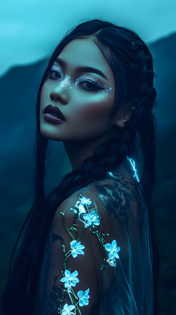 Beautiful asian woman with orchid flower in her hair.の素材