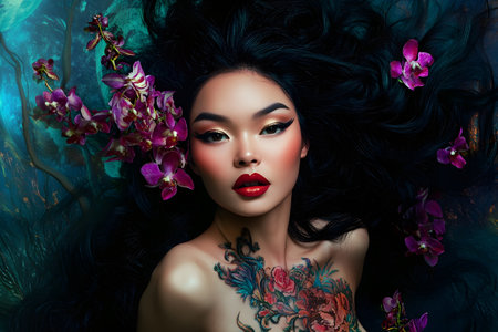 Beautiful Asian woman with orchid flowers in her hair.の素材