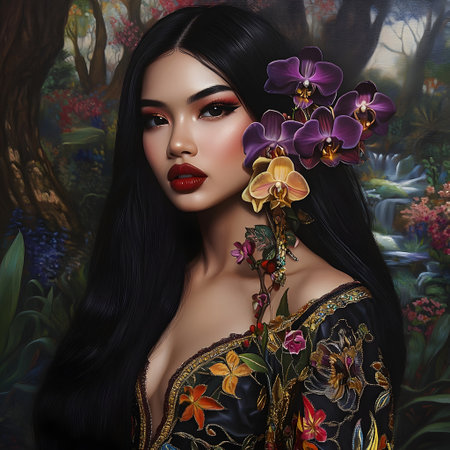 Beautiful Asian woman with orchid flowers. Beauty, fashion.の素材