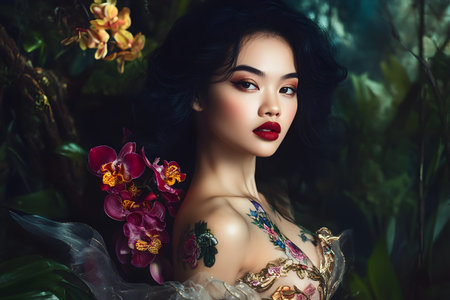 Portrait of a beautiful young woman with orchid flowers. Fashion shot.の素材