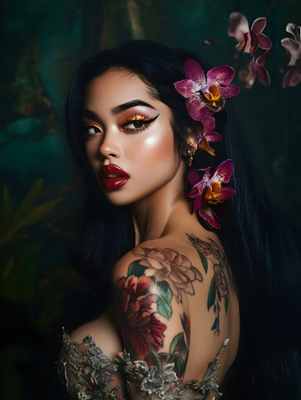 Beautiful young woman with bright make-up and orchid flowersの素材