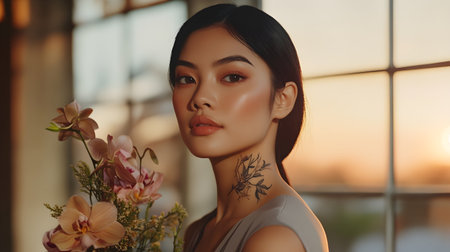 portrait of beautiful Asian woman with orchid flowers looking at cameraの素材