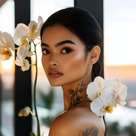Beautiful young Asian woman with white orchid flowers in her hand.の素材