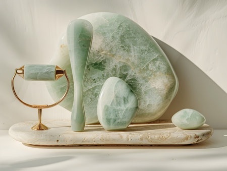 Minimalistic still life with green jade stone and metal stand on white backgroundの素材