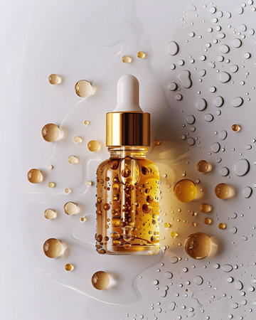 3d illustration of golden serum dropper bottle with drops on white backgroundの素材