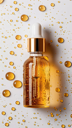 top view of amber glass dropper bottle with serum on white surface with water dropsの素材