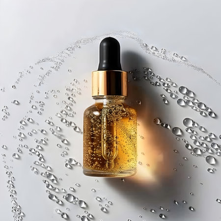 Amber glass cosmetic bottle with pipette on white background with water dropsの素材