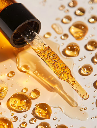 cosmetic oil in glass bottle with dropper on water drops backgroundの素材