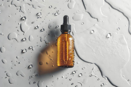 Bottle of cosmetic oil on white background with water drops, top viewの素材