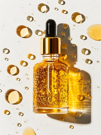 Transparent glass dropper bottle with pipette and golden drops on white backgroundの素材