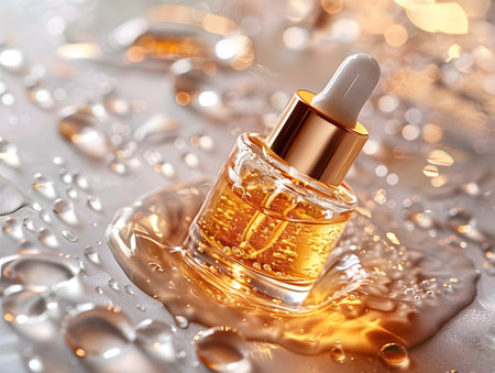 Aromatherapy oil dropper bottle on water drops background.の素材