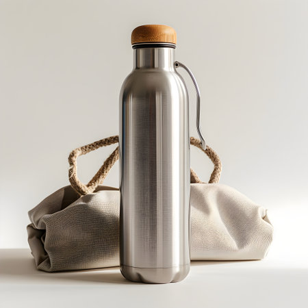 Metal thermos with a reusable bag on a white background. Copy space.の素材