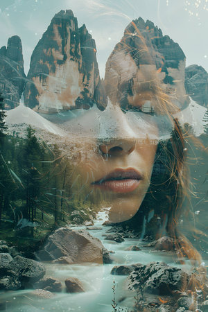 Double exposure of woman face and mountains reflected in water. Beauty and nature conceptの素材