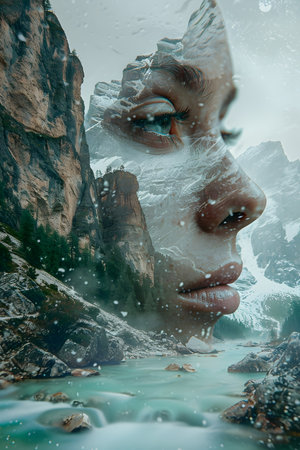 Double exposure portrait of beautiful woman in the mountains. Conceptual imageの素材