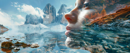 Fantastic winter landscape with snow-capped mountain peaks and lakeの素材