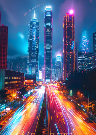 the light trails on the modern building background in Shanghai Chinaの素材