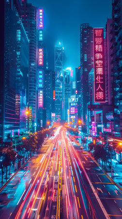 Traffic in the city at night, Hong Kong, China.の素材