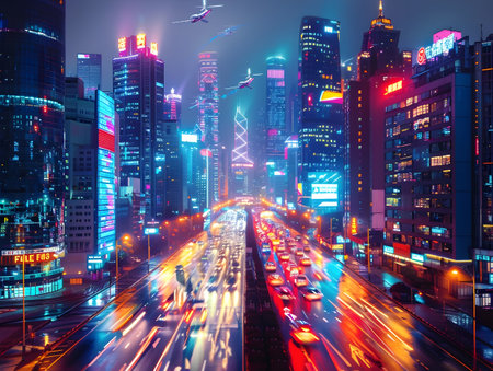 traffic in city at night, Hong Kong, China. 3d renderingの素材