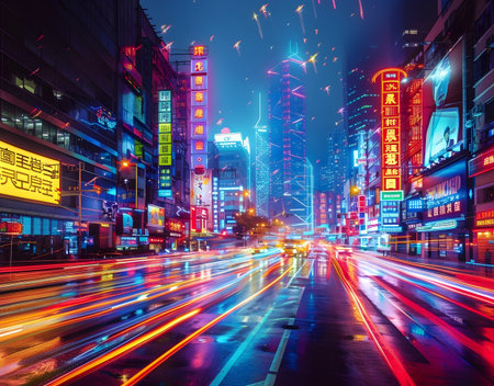 the light trails on the modern building background in Shanghai Chinaの素材