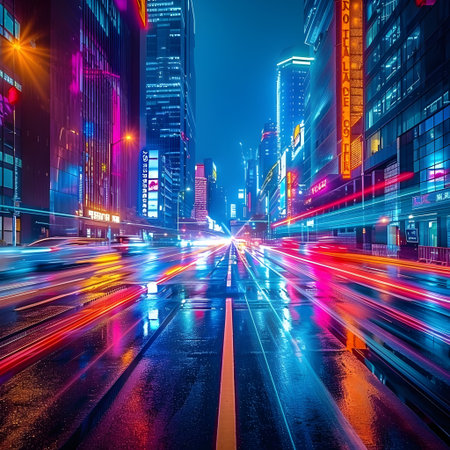 the light trails on the modern building background in shanghai china.の素材