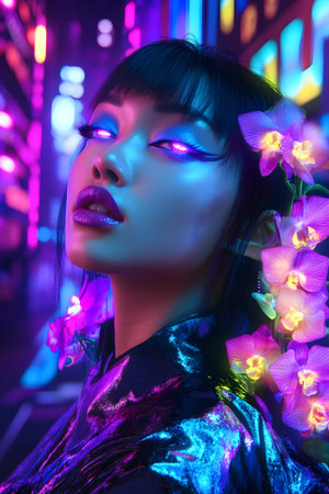 Beautiful Asian woman with bright make-up and orchid flowers.の素材