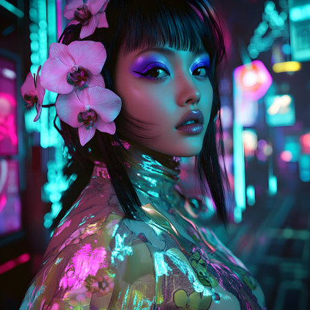 3D illustration of a beautiful girl in neon light. Beauty, fashion.の素材