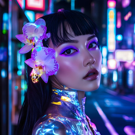 Portrait of a beautiful Asian woman with neon makeup and orchid flower in her hair.の素材