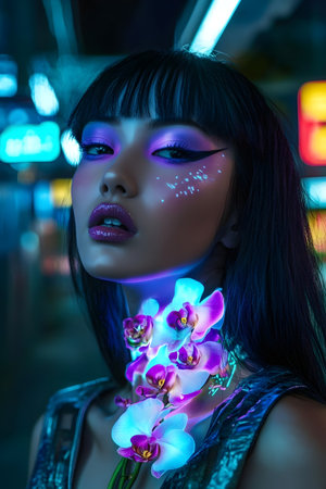 beautiful asian woman with purple orchid in the night clubの素材