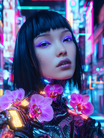3D rendering of a female cyborg in a futuristic city with neon lightsの素材