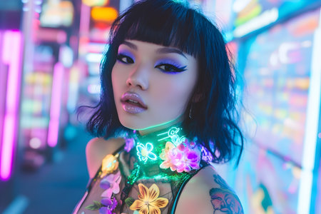 Portrait of a beautiful Asian woman with neon light in her hairの素材