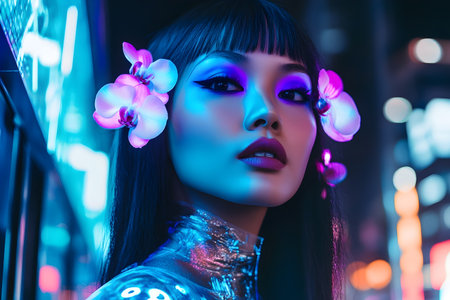 beautiful asian woman with orchid flower in hair at nightの素材