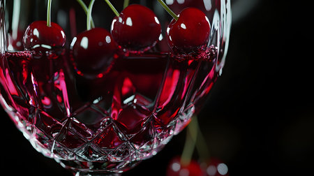 Cherries in a glass vase on a black background.の素材